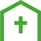 A green church building icon with a cross in the middle