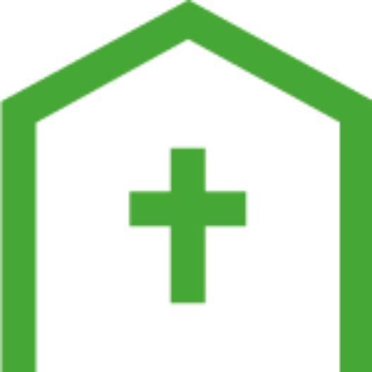 A green church building icon with a cross in the middle