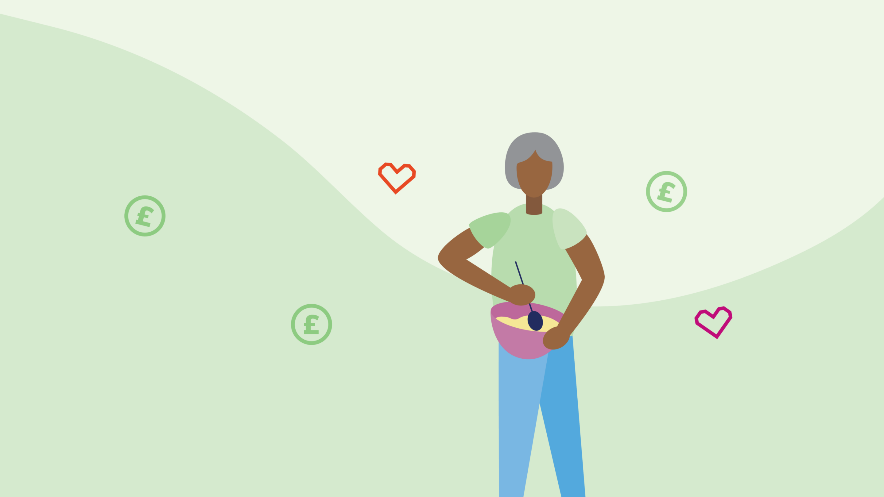 Illustration of a person holding a pink mixing bowl and spatula, with a green background and coin and heart shapes surrounding them