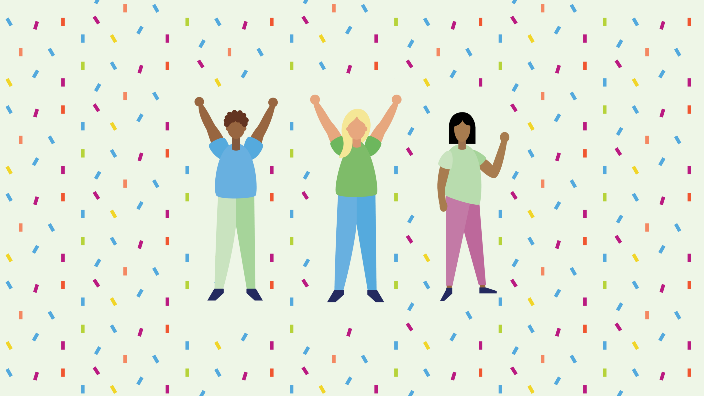 An illustration of three people with their arms in the air, with a confetti background