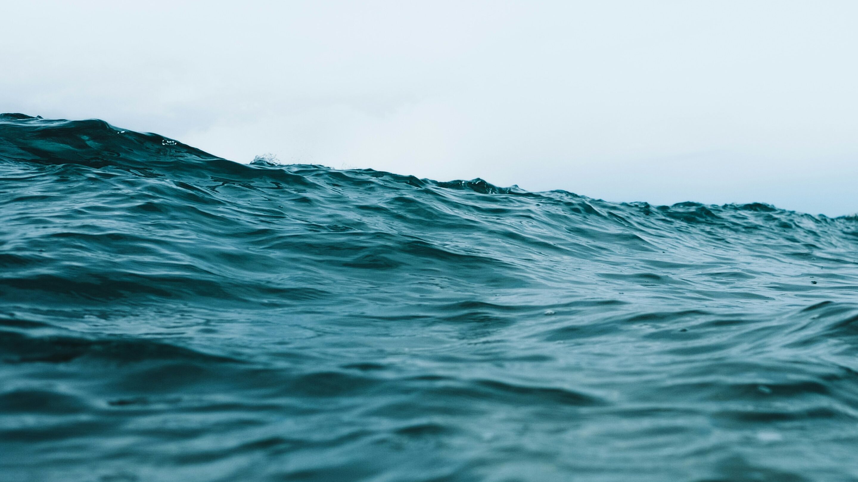 A close up image of the ocean, with a large wave coming towards the camera