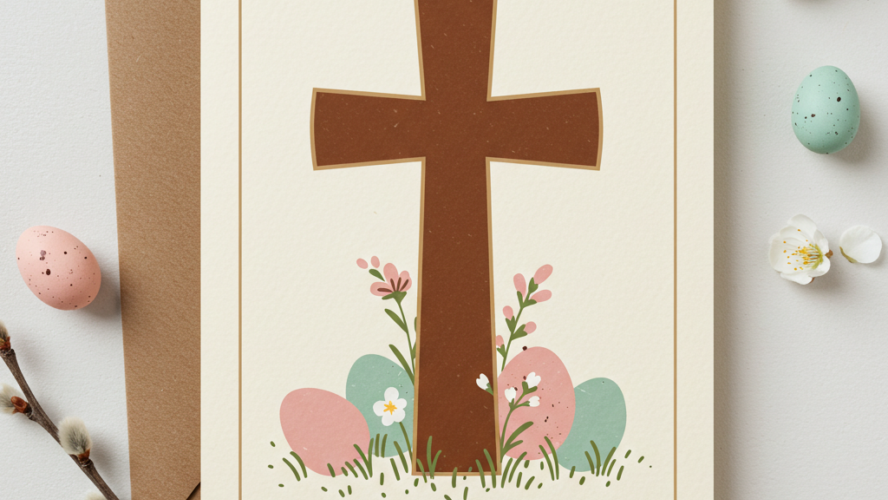 image of an easter card with a cross on the front and easter eggs