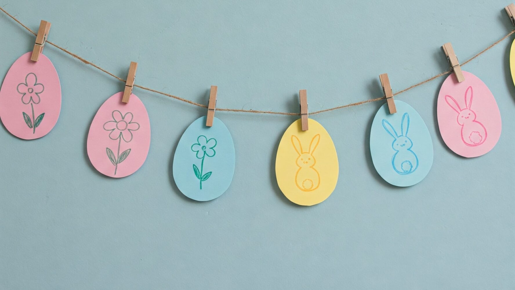 Image of some paper bunting with cutout pink, blue and yellow egg shapes
