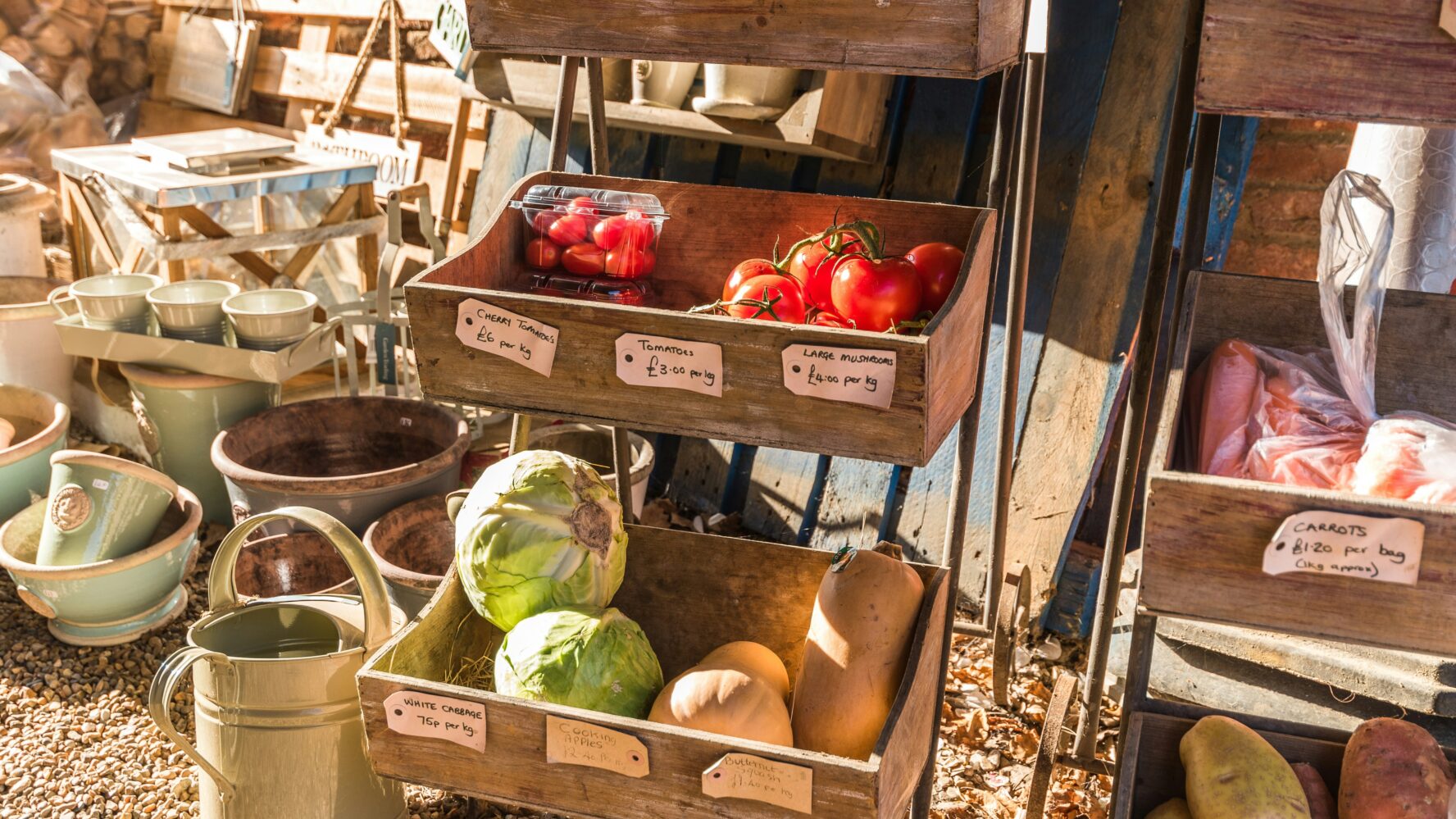 Wooden baskets containing vegetables