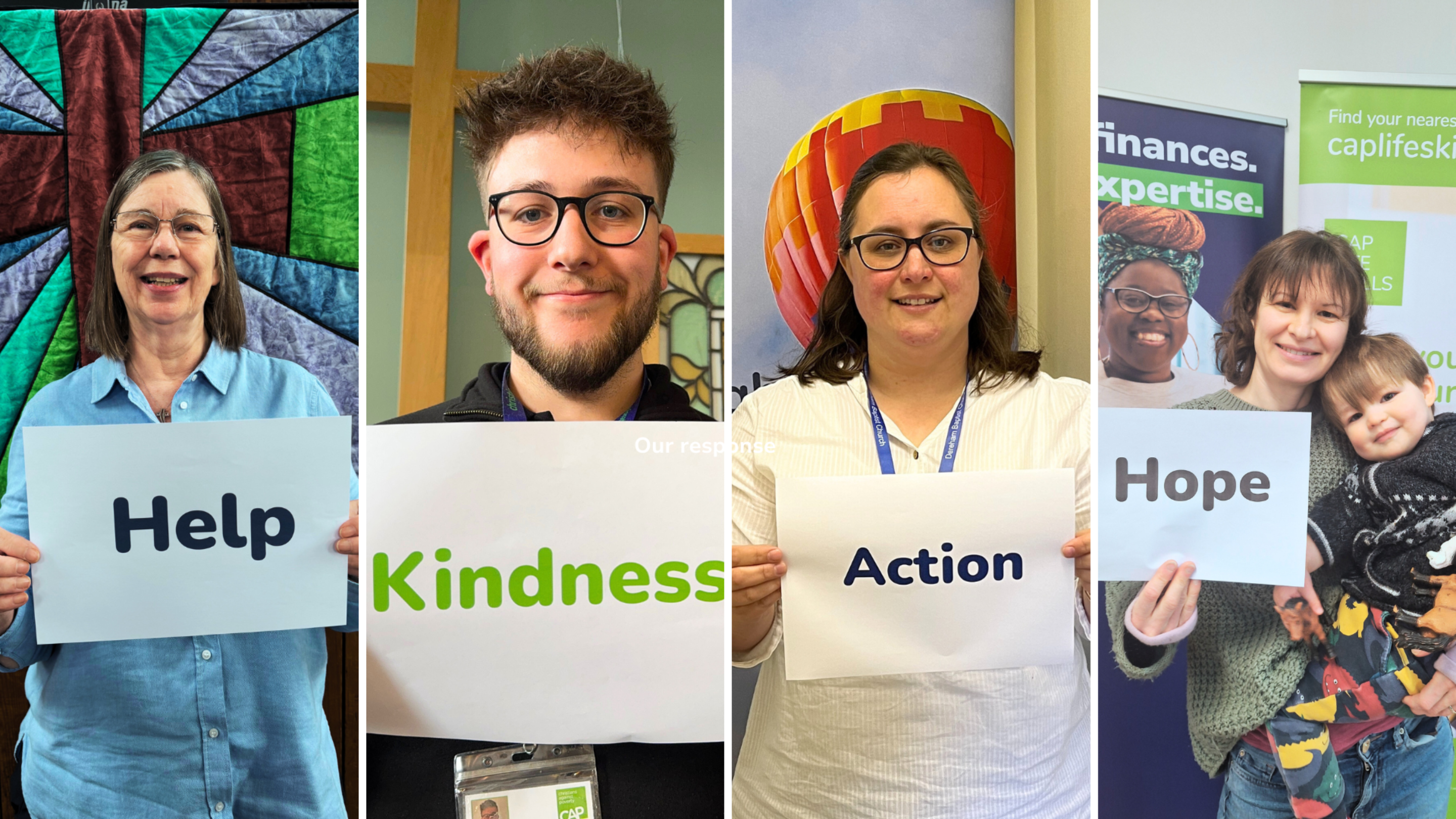 A photo showing a group of people holding signs that read 'Help', 'Kindness', 'Action' and 'Hope'