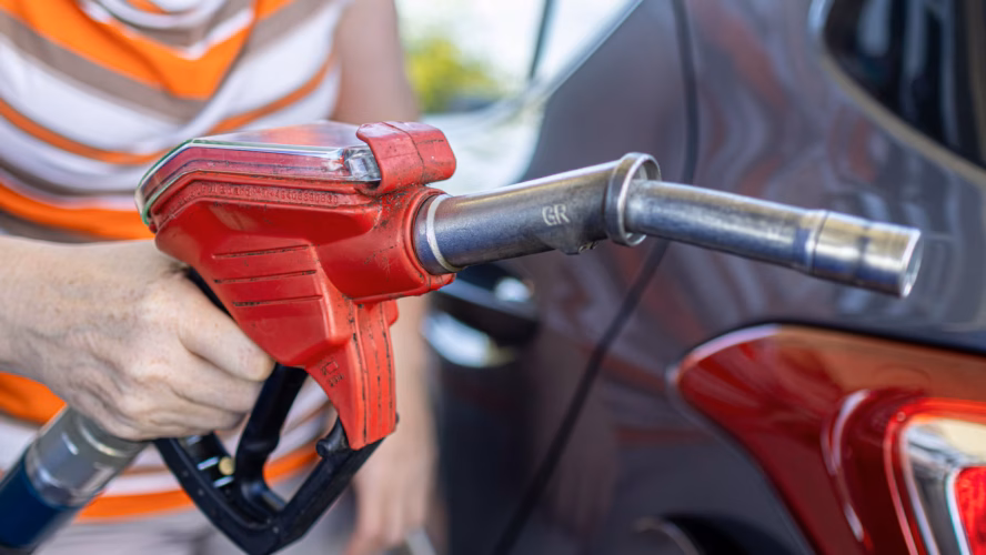 Person's hand holding a red fuel pump
