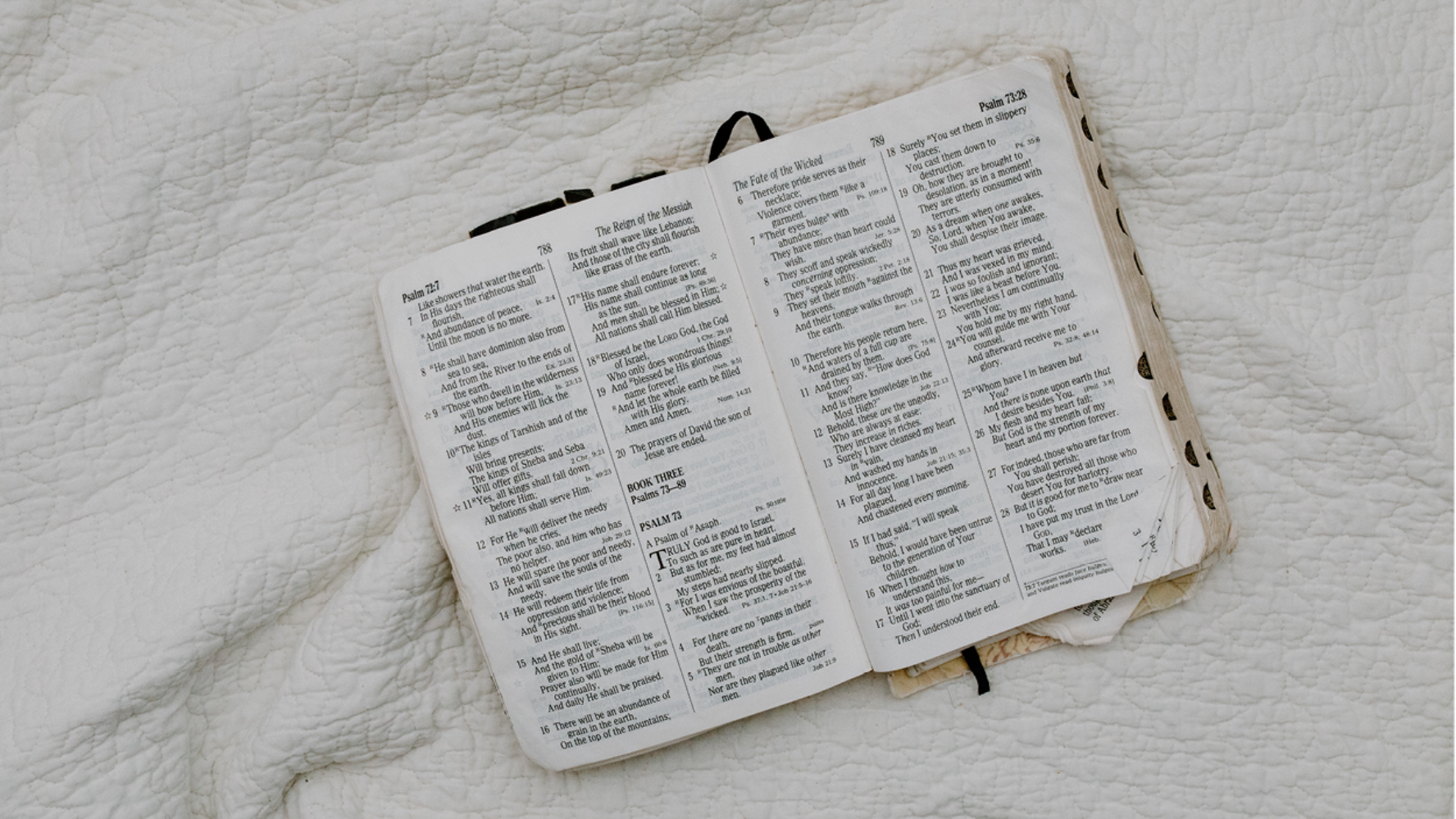 Bible open flat on surface.