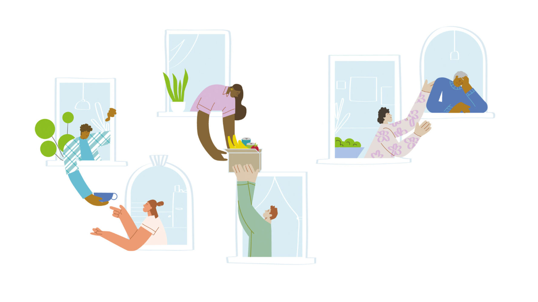 Drawn graphics of men and women in windows passing a hot drink, box of food and comforting another.